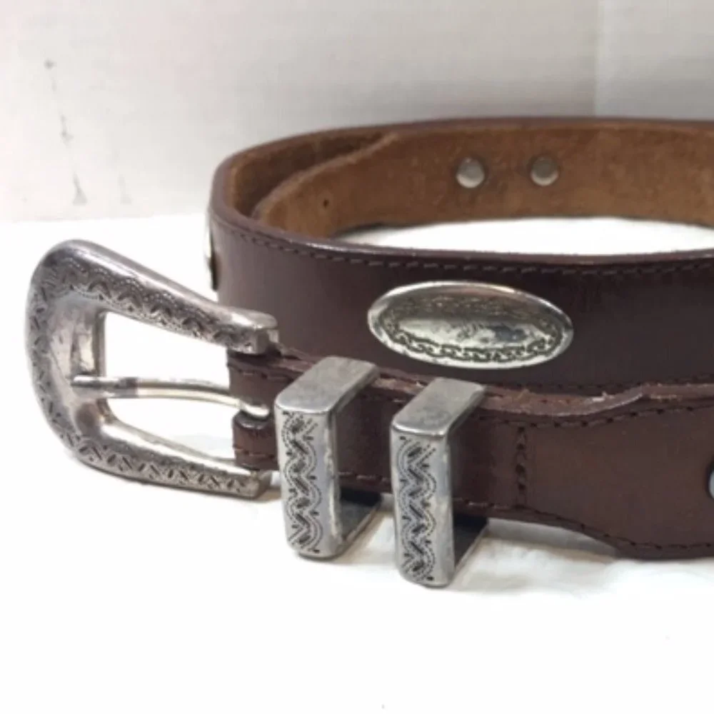 Langu Leather Brown Belt Silver Toned Engraved Ornaments